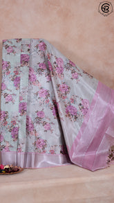 Green and Pink Floral Printed with Simple Pallu Mangalagiri Silk Saree